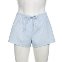 Pantalones cortos básicos cómodos e informales sueltos con botones de cintura elástica tejidos a rayas de verano para mujer - details 35