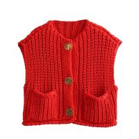 Chaleco de Punto sin Mangas de Moda Coreana para Mujer Cuello en V, Botón Azul, Bolsillos de Adelante, Rojo - details 11