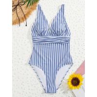 Traje de baño de una pieza con cuello en V fruncido y estampado a rayas, tirantes finos sin espalda, trajes de baño retro - details 2