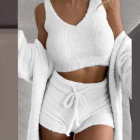 Suéter para mujer, artículos para el hogar, pijama informal de 3 piezas, chaleco de manga larga con ombligo, ribete de pantalones cortos, invierno - details 13