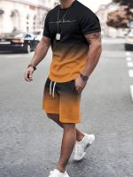 Hombres de dos piezas de color degradado monograma traje casual cuello redondo camiseta de manga corta con pantalones cortos de moda y cómodo - details 6
