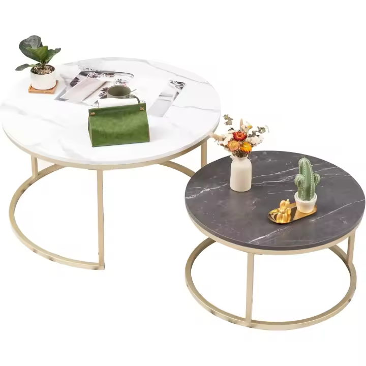Mármol Blanco con Estructura de Metal Negro, Mesa Auxiliar Redonda para salón, Dormitorio, balcón - 1
