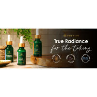tree of life hyaluronic acid serum, retinol serum, vitamin c serum on a wooden board