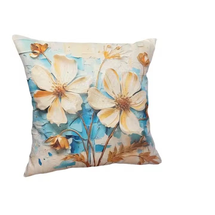 Funda De Lino Mezclado Con Flores Blancas, almohadas Azules Y Doradas De Estilo Crema, 4 piezas - 1