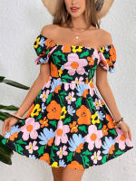 Vestido corto con manga farol y falda para la playa estampada con cuello en V novedad de verano 2025 para mujer - details 5
