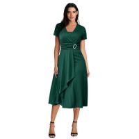 Elegante fiesta midi para mujer en color liso con cuello en V y cintura definida, vestido de noche asimétrico de manga corta - details 4