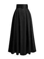Falda Maxi Plisada De Cintura Alta Negra Con Diseño De Cierre Estilo Coreano Elástica Leve Material Poliéster Y Spandex - details 2