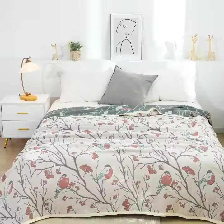 Manta de Ocio Japonesa de Algodón Gaza Suave, Delgada para Verano, Cubierta de Cama con Flores - 1