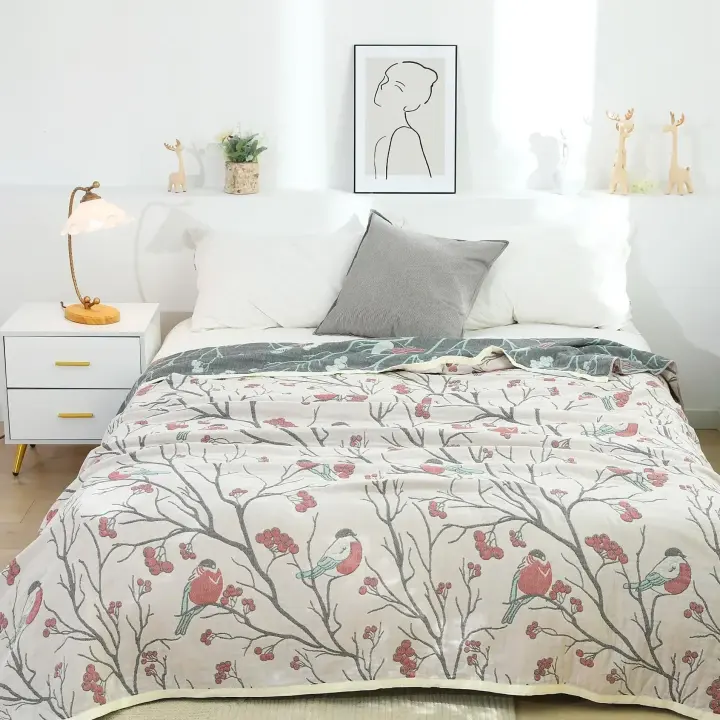 Manta de Ocio Japonesa de Algodón Gaza Suave, Delgada para Verano, Cubierta de Cama con Flores - 1