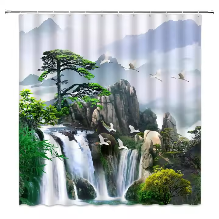 Cortina de Ducha de Paisaje Forestal Material de Poliéster Escenografía Rústica de Pino Fogoso y Pájaro Decoración de Baño para Todas las Temporadas - 1