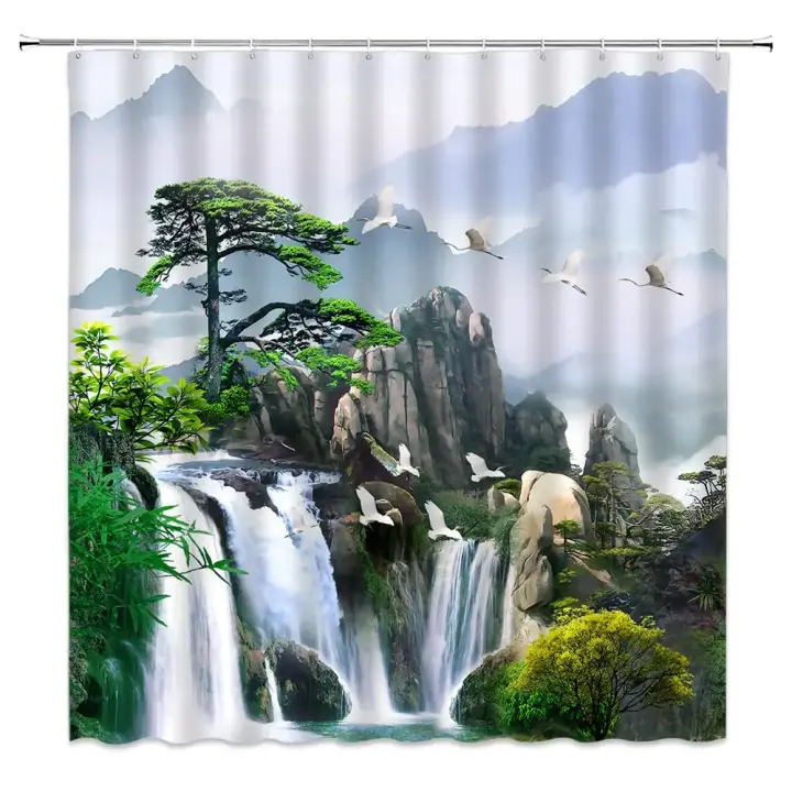Cortina de Ducha de Paisaje Forestal Material de Poliéster Escenografía Rústica de Pino Fogoso y Pájaro Decoración de Baño para Todas las Temporadas - 1