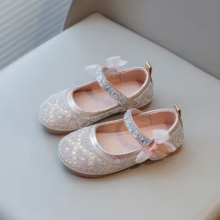 Zapatos de cuero para niñas, zapatos de vestir para niños, fiesta de boda, diamantes de imitación con pajarita de encaje, zapatos planos de princesa, Mary Janes dulce - 1