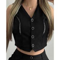 Conjunto de Dos Piezas para Mujer Chaleco Corto sin Mangas con Cuello en V y Botones - details 8
