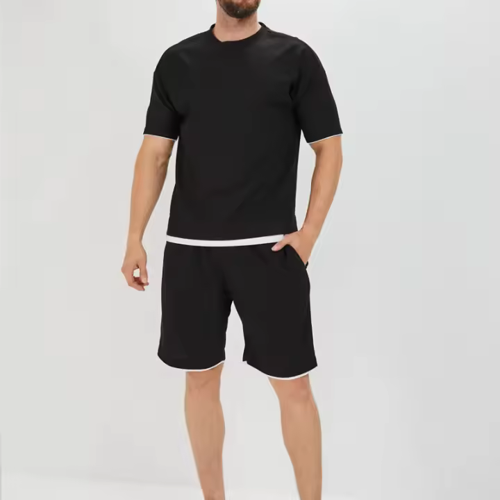 Conjunto de moda con color contrastante para hombres, cuello redondo, top de manga corta, pantalones cortos, deportes de verano y ocio, nuevo - 1