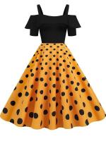 Vestido de fiesta Vintage elegante con hombros descubiertos, vestidos Midi de línea A con volantes y lunares de verano para mujer - details 5