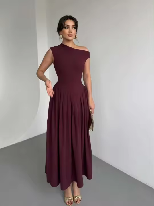 Elegante Vestido de Satén con Detalles de Parche Vestido Largo con Espalda Descubierta y Hombros Fuera Vestido de Fiesta de Moda para Mujeres - 1