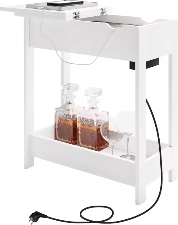 Mesita Auxiliar, Mesa de Sofá con Tablero Plegable, Compartimento Oculto y Estante de Almacenaje, Mesita Estrecha con Enchufe y Puertos USB, Ideal para Salón y Dormitorio, Blanco, 0001CHJ - 1
