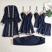 Lencería sexy de seda de imitación para mujer, conjunto de cinco piezas con tirantes, ropa de casa, albornoces y pamas de talla grande - details 1