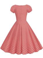 Elegant vintage dot print women summer puff short sleeve v neck casual a-line midi party dress - details 11