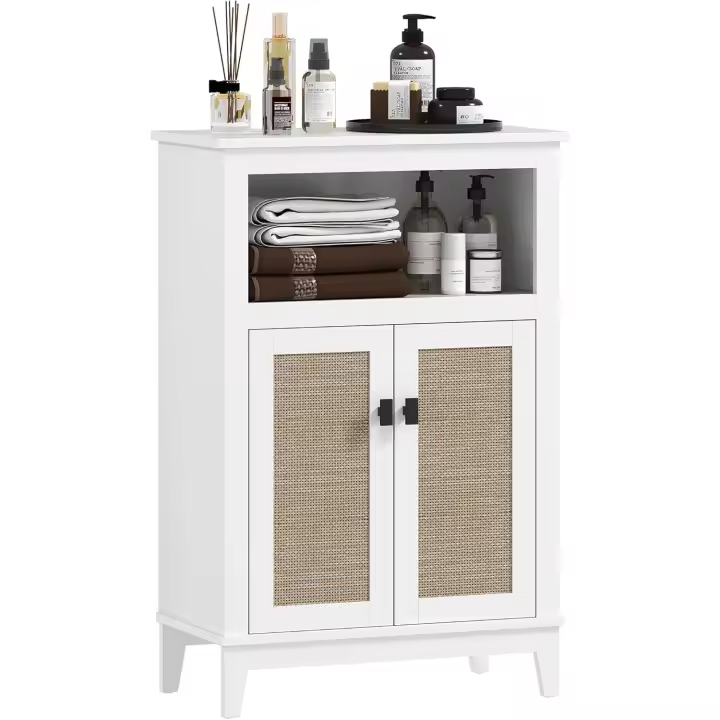 Mueble Auxiliar de Baño con 2 Puertas con Frontal de Ratán Armario de Baño con Estante Ajustable y Compartimento Abierto 60x30x90 cm Blanco - 1