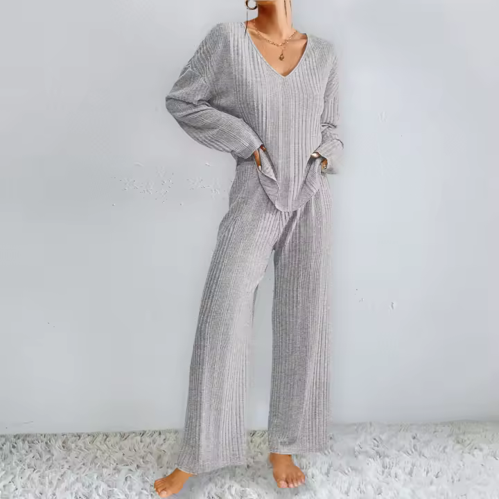 Conjunto de ropa de estar para mujer, pantalón de manga larga, conjunto de dos piezas, pijama térmico acanalado para el hogar - 1