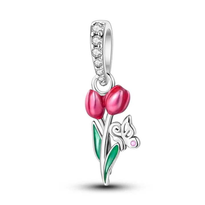 Colgante de Plata de Ley 925 para mujer, dije de mariposa de tulipán rosa, compatible con Pulsera Original, collar, joyería de lujo, regalos - 1