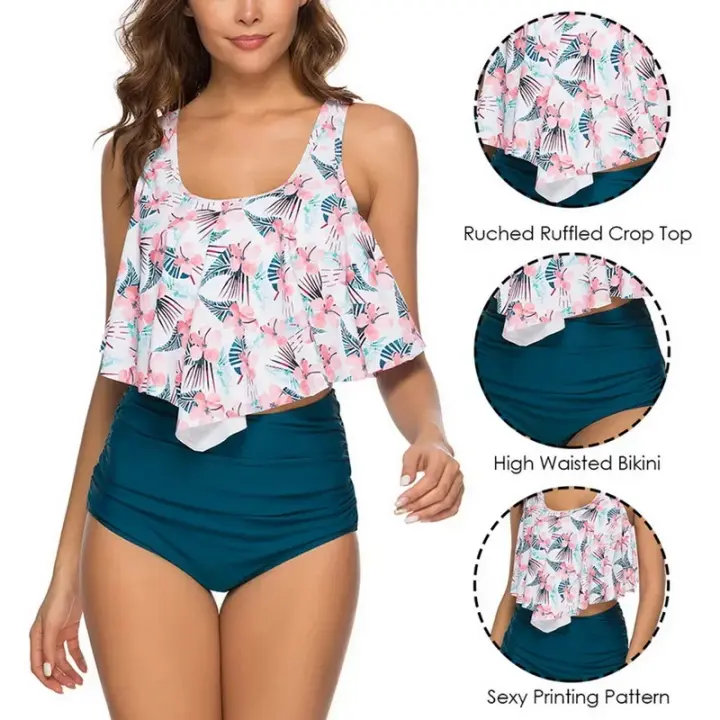 Bikini de Cintura Alta para Mujer Traje de Baño Grande con Flecos Traje de Baño de Verano con Estilo Flamenco Traje de Baño para Playa con Volantes - 1