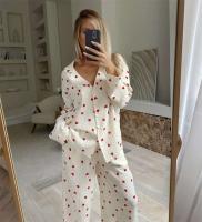 Novedad de verano, conjunto de manga larga 100% algodón con estampado de corazón de amor, pijama con botones para mujer con cuello TRE de 2 piezas, pijamas - details 21