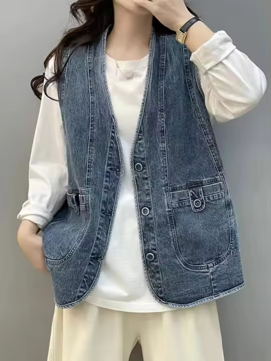 Chaleco de Mezclilla Vintage para Mujeres Masss Wasss 2024 Primavera Sin Mangas Moda Clásica Suelta Casual Cuello en V Cintura con Botones Blanco - 1