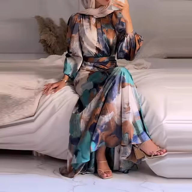Vestido largo elegante con bufanda de cuello alto y media manga para invierno - 1
