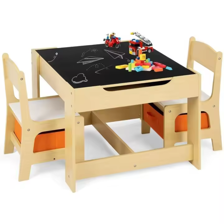 Juego de Mesa y 2 Sillas Infantiles 3 en 1, Grupo de Asientos y Escritorio con Pizarra para Niños, Mueble Infantil con Cajón de Almacenamiento Que Ahorra Espacio, Madera, Naranja - 1