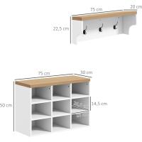 Recibidor con Perchero y Banco Zapatero 2 en 1 Muebles de Entrada con 3 Ganchos y Estantes para 9 Pares de Zapatos 75x30x50 cm y 75x20x22,5 cm Blanco - details 6