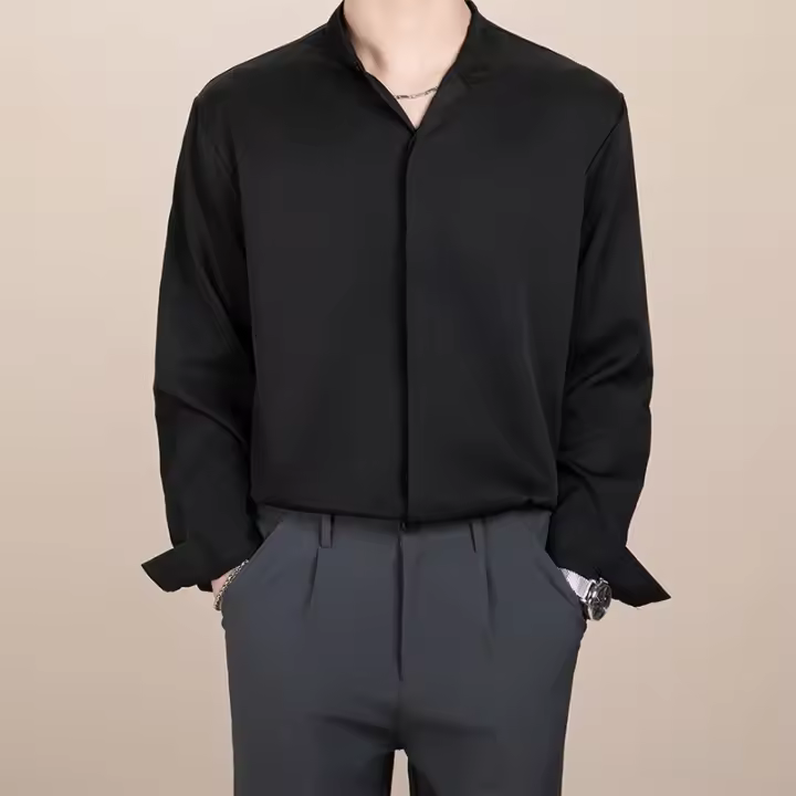 Camisa de Algodón de Estilo Francés con Gancho Oculto Traje de Negocios Casual para Hombres con Cuello Alto, Manga Larga, Color Sólido - 1