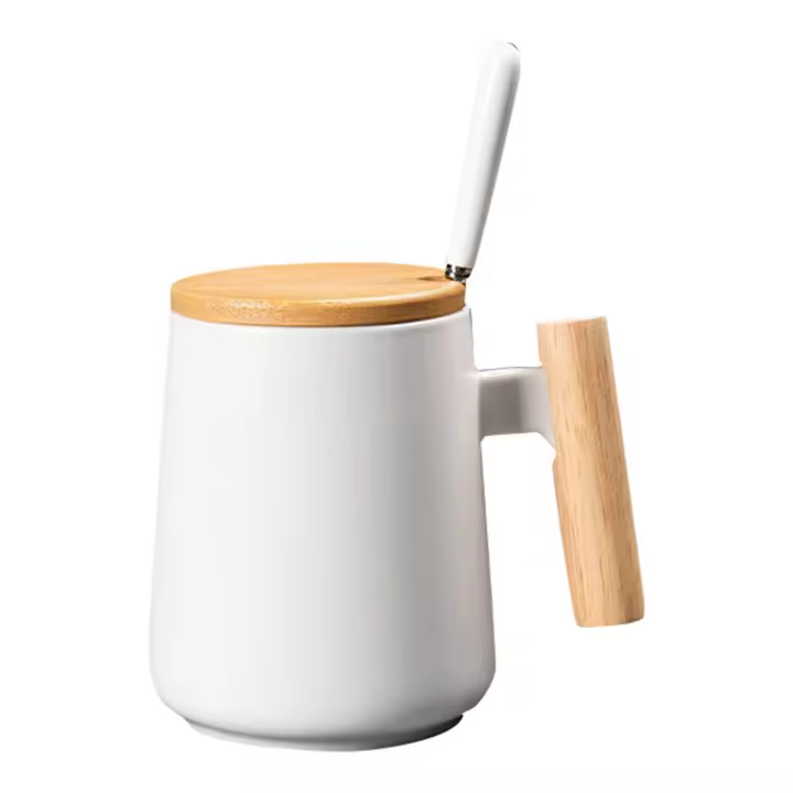 Taza de café de cerámica con mango de madera Vintage, diseño nórdico, tapa de porcelana, té, leche, vasos, regalo para pareja y oficina, 450ML - 1