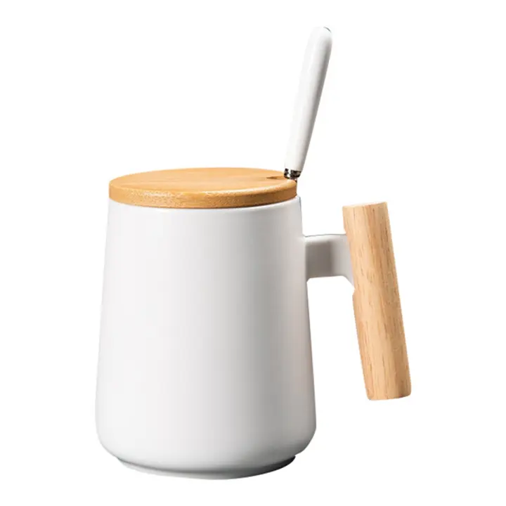 Taza de café de cerámica con mango de madera Vintage, diseño nórdico, tapa de porcelana, té, leche, vasos, regalo para pareja y oficina, 450ML - 1