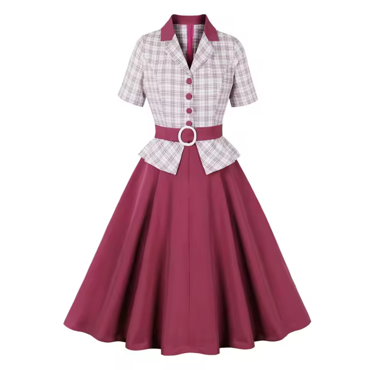 Elegante Vestido de Plaid Retro 2024 Estilo Vintage para Damas con Cuello en Flequillo y Detalles de Parche - 1