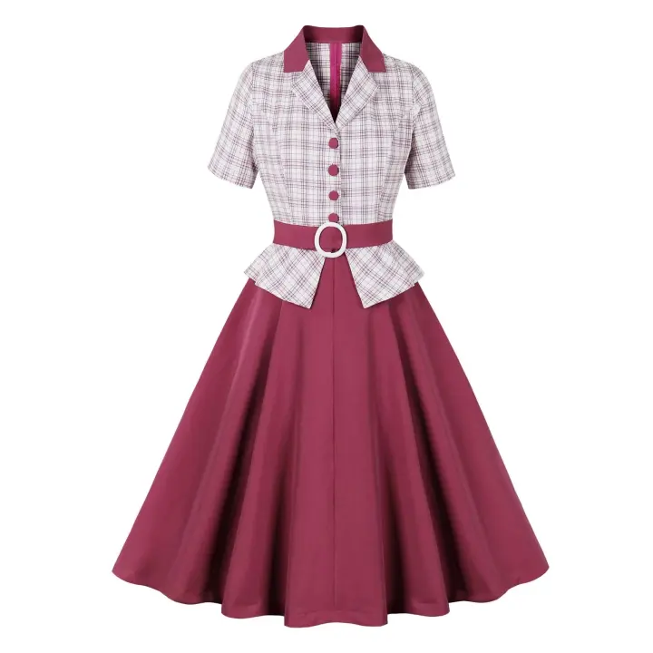 Elegante Vestido de Plaid Retro 2024 Estilo Vintage para Damas con Cuello en Flequillo y Detalles de Parche - 1