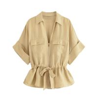 Conjunto de Pantalones Anchos para Mujer OUWU Dos Piezas, Cuello en V, Manga Corta, Traje de Safari, Pantalones de Cintura Alta - details 1