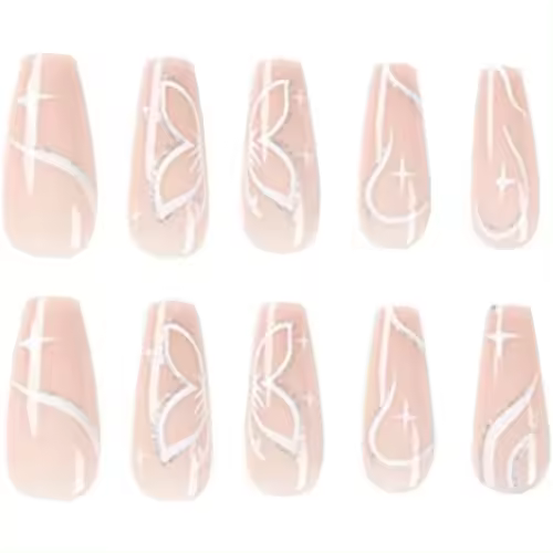 24 uñas postizas grandes tipo ataúd, tipo Mariposa, adhesivos, color nude rosa, extraíbles, con pegamento, accesorios para decoración de uñas para mujeres y niñas. - 1