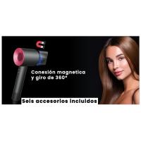 Secador de Pelo Profesional iónico Super Hair Dryer, Diseño Innovador de Ultima generación Sin Aspas, Peso y Tamaño Reducidos, Con Seis Accesorios, incluye soporte de pared, Boquilla Alisadora, Flyaway, Difusor, Boquilla aire suave, Boquilla suave, ALUMAR - details 2