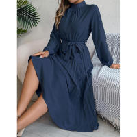 Elegante vestido corto de otoño invierno para mujer, con cuello alto, mangas plisadas y falda larga. - details 23