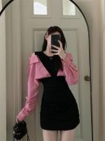 Vestido de manga larga de dos piezas falso empalmado, falda corta ajustada con hombros descubiertos y nicho de otoño - details 11