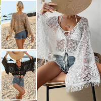 Vestido playero de ganchillo para mujer: envoltura holgada de bikini de manga larga con lazo de borlas, mangas acampanadas y protección solar - details 7