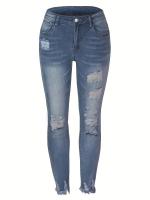 Pantalones vaqueros ajustados recortados con dobladillo crudo rasgados, pantalones ajustados de cintura alta, ropa de mezclilla para mujer - details 9