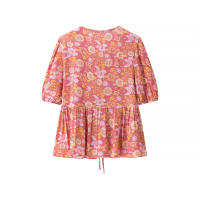 OUWU- Blusa Holgada De Manga Corta Con Estampado Floral Para Mujer, Top Con Dobladillo Y Volantes, Lazo Frontal Abierto, Verano - details 2