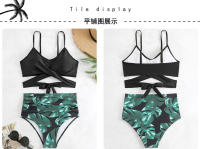Traje de baño dividido de cintura alta para mujer, bikini multicolor con estampado de cuello halter cruzado - details 30