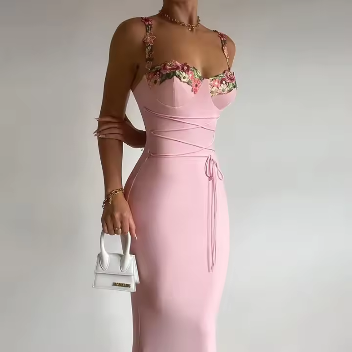 Vestido largo floral sin mangas para mujer, sin espalda, encaje de moda sexy, adecuado para fiestas - 1