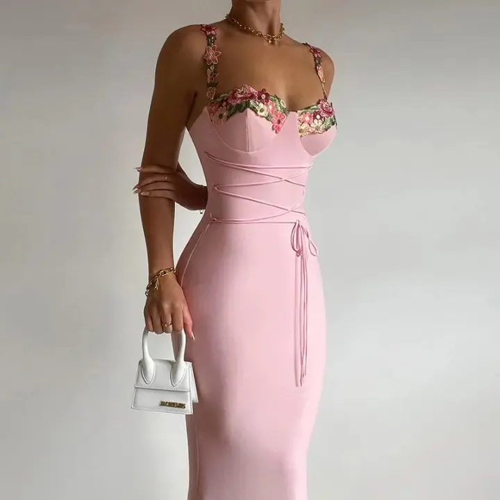Vestido largo floral sin mangas para mujer, sin espalda, encaje de moda sexy, adecuado para fiestas - 1