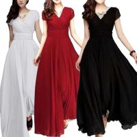 Gran oferta, vestido de noche largo bohemio de Color sólido con manga corta y cuello en V, cintura ajustada - details 0