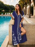 Traje de baño cubre golondrina bordado Kimono 2025 Bikini cubierta Ups Vestido de playa bata vestido largo ropa de playa Sarong mujeres vestido suelto - details 0